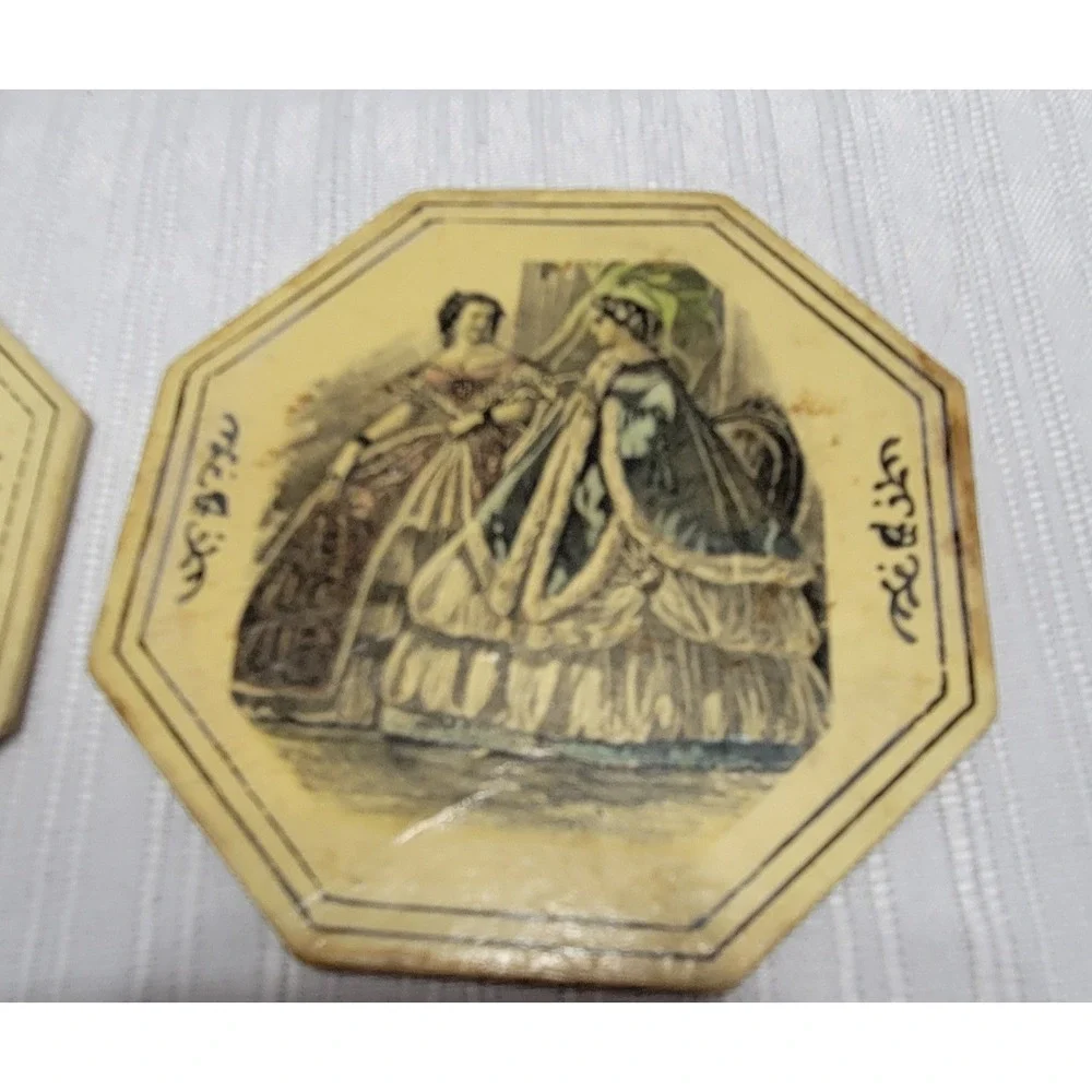Coaster Set Vintage Victorian Fashion with Black Metal Caddy Octagon Shape